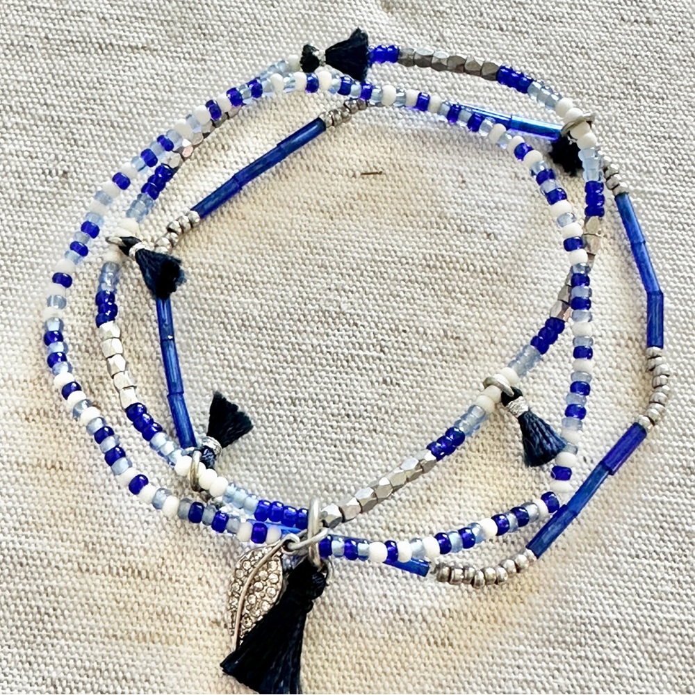 KEEP Collective 3 Stretch Trio Beaded Layering Bracelets Blue Red Yellow - Picture 6 of 8